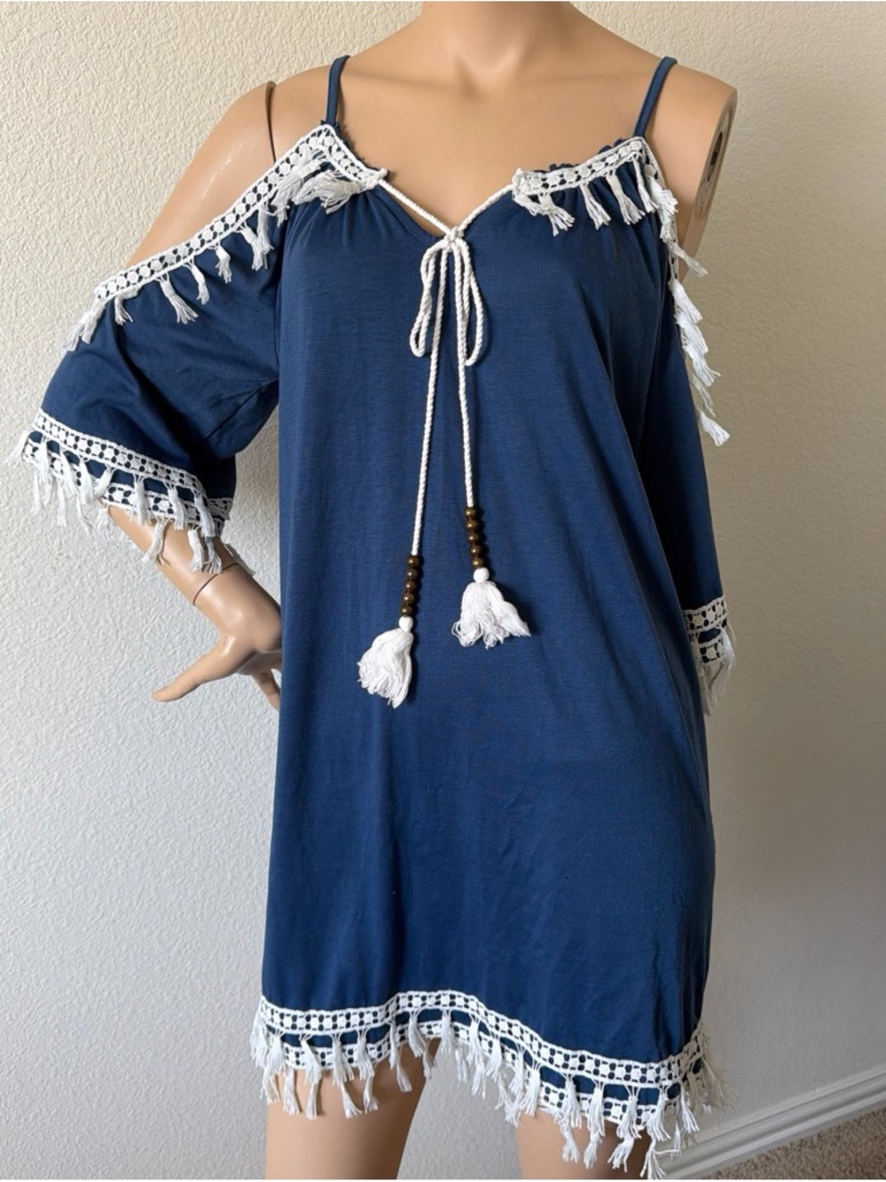 Navy Tassel Cold-Shoulder Swim Cover-Up